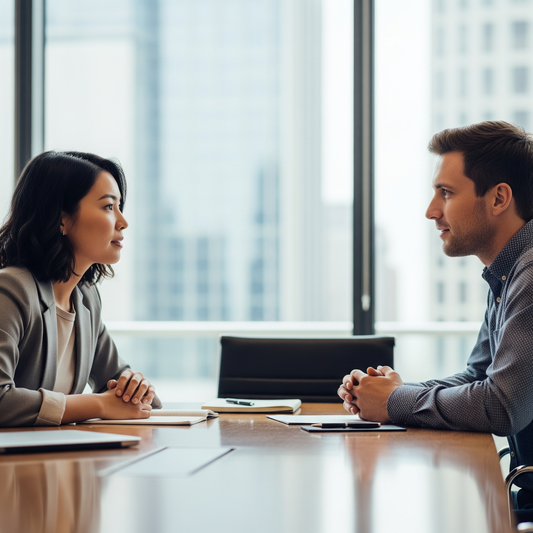 image of two people talking