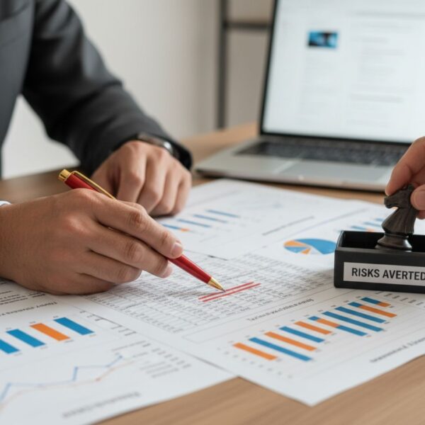 A person's hand with a pen points at financial documents, while another hand places a chess knight on a "RISKS AVERTED" stamp