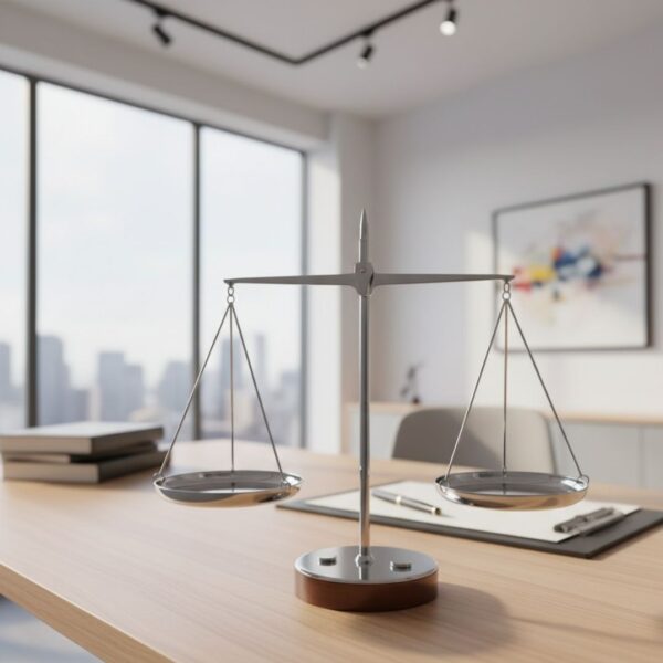 Modern, balanced scales of justice in a bright, professional office