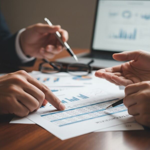 A close-up view of a person's hand pointing to specific figures on a financial report during a consultation.
