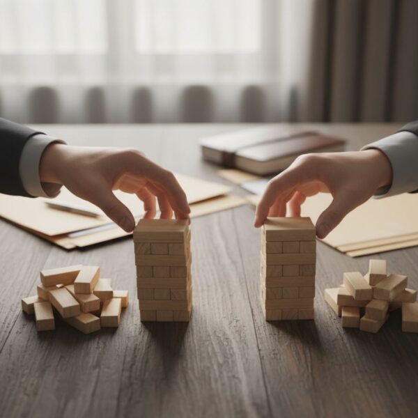 Two pairs of hands carefully separate a single stack of wooden blocks into two even piles on a table.