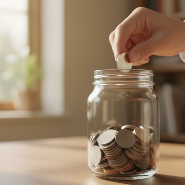 A person's hand carefully places a single coin into a clear glass jar half-full of other coins.