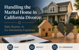 Illustration of a family home, divorce agreement, and separated couple symbols representing options for handling a marital home in a California divorce, including sale, buyout, and co-ownership.