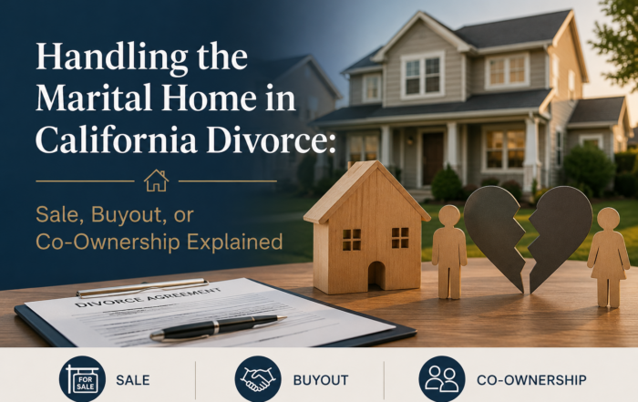 Illustration of a family home, divorce agreement, and separated couple symbols representing options for handling a marital home in a California divorce, including sale, buyout, and co-ownership.